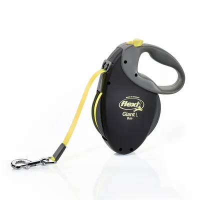 Flexi Giant L hundkoppel, 8 m lång, svart-gul, med ergonomiskt handtag och metallkarbinhake. Made in Germany.