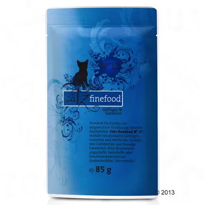 Опаковка Catz finefood N°17 Geflügel & Garnelen, 85 г. Текст на немски: деликатес за котки с птиче месо и скариди, без консерванти, оцветители или овкусители.