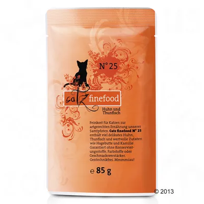 Опаковка Catz finefood N°25 Huhn und Thunfisch, 85 г. Видим текст на немски език за съставки и гаранции. Оранжев цвят с черна котка и декоративни елементи.