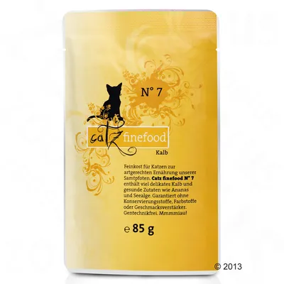 Пауч Catz finefood N°7 Kalb, 85 г. Видим текст на немски език: Feinkost für Katzen... enthält viel delikates Kalb... garantiert ohne Konservierungsstoffe, Farbstoffe oder Geschmacksverstärker.