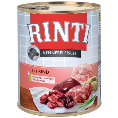 RINTI Kennerfleisch dåse med teksten 'MIT RIND', billede af oksekød, lever og kødtern samt tekst: 'noch mehr natürliche Fleischstücke'.