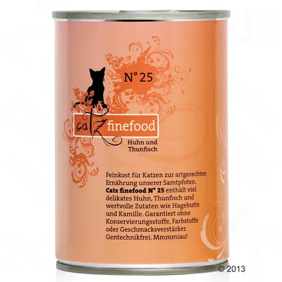 Catz finefood N° 25 Huhn und Thunfisch. Tekst på tysk: indeholder kylling, tun, hyben og kamille. Uden konserveringsstoffer, farvestoffer, smagsforstærker eller GMO.