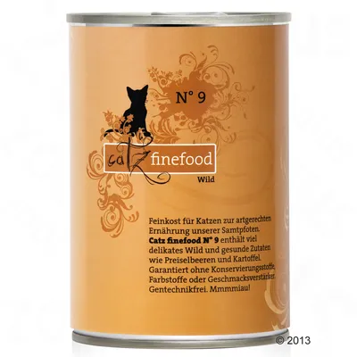 Консерва за котки catz finefood N° 9 Wild. Видим текст на немски: Feinkost für Katzen... Catz finefood N° 9 enthält viel delikates Wild und gesunde Zutaten wie Preiselbeeren und Kartoffel.