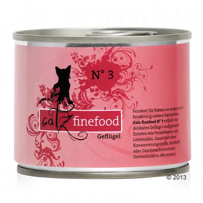 Conservă Catz finefood N° 3 Geflügel pentru pisici, etichetă roz cu siluetă de pisică și text în limba germană. Ambalaj metalic cu capac rotund.