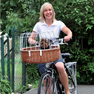 Cestino per bicicletta in legno intrecciato con griglia metallica, adatto al trasporto di piccoli animali. Montato davanti alla bicicletta.