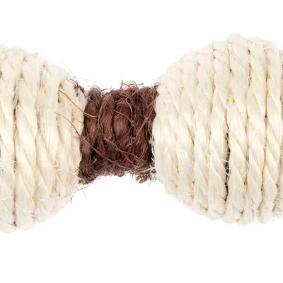 Juguete de cuerda natural con fibras marrones y blancas, apto para masticar y jugar.