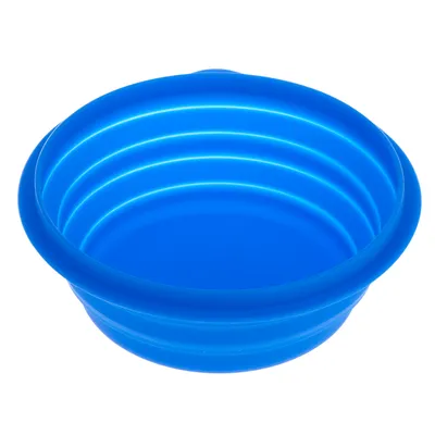 Gamelle ronde bleue en silicone, parois à reliefs visibles. Aucun texte ni marque apparente.