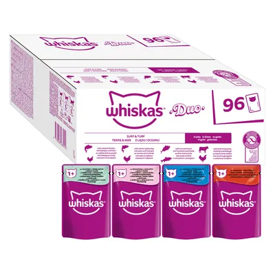 Whiskas Duo Surf & Turf, 96 Portionsbeutel in Gelee. Sorten: Lachs und Thunfisch, Rind und Huhn, Truthahn und Ente, Kabeljau und Seelachs. Für Katzen ab 1 Jahr.
