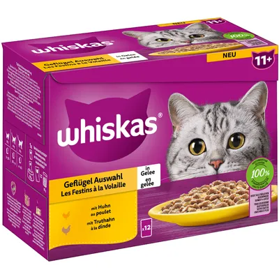 Whiskas ассорти из птицы в желе, с курицей и индейкой, для кошек от 11 лет. Упаковка содержит 12 порций. 100% качественные ингредиенты.