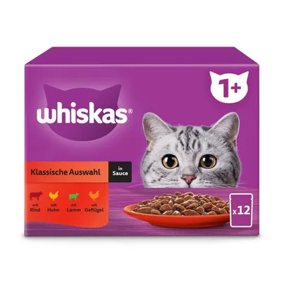 Boîte Whiskas 1+ Klassische Auswahl in Sauce, 12 sachets. Textes visibles en allemand : mit Rind, mit Huhn, mit Lamm, mit Geflügel. Photo d’un chat et d’une assiette de nourriture.