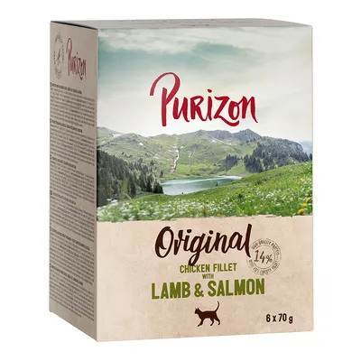 Purizon Original Chicken Fillet z jagnięciną i łososiem, 6 x 70 g. Wysokiej jakości składniki, 14% mięsa. Opakowanie z górskim krajobrazem i symbolem kota.