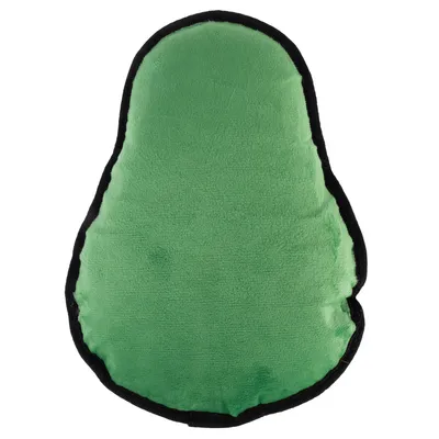 Green, pear-shaped plush toy with black border.