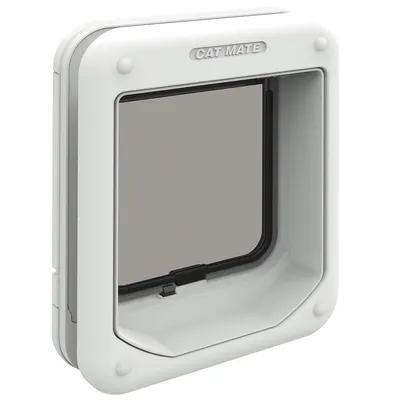 Cat Mate white plastic cat flap with transparent door, brand name 'CAT MATE' visible at the top of the frame.