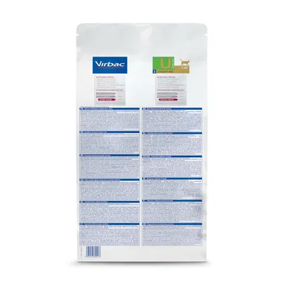 Rückseite einer Virbac Urinary S/O Cat Verpackung mit Nährwertprofil und mehrsprachigen Produktinformationen.