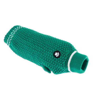 Green knitted dog jumper with white trim and paw logo on the side.