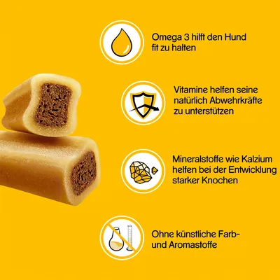 Omega 3 hilft den Hund fit zu halten. Vitamine helfen seine natürlich Abwehrkräfte zu unterstützen. Mineralstoffe wie Kalzium helfen bei der Entwicklung starker Knochen. Ohne künstliche Farb- und Aromastoffe.