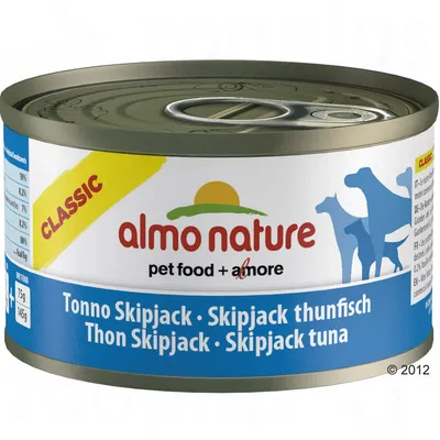 Almo Nature Classic pet food + amore, Tonno Skipjack, Skipjack thunfisch, Thon Skipjack, Skipjack tuna. Blik van 75g of 145g zichtbaar op verpakking.