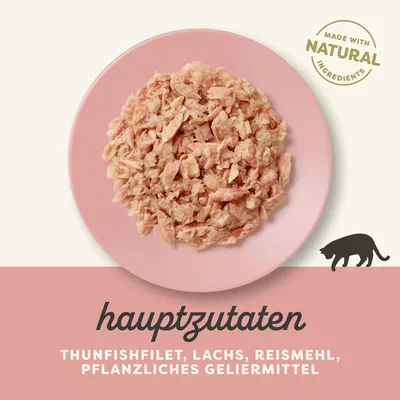 Hauptzutaten: Thunfischfilet, Lachs, Reismehl, pflanzliches Geliermittel. Made with natural ingredients.