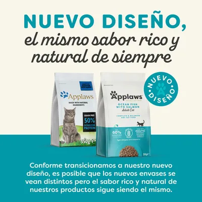Applaws comida seca para gatos, nuevo diseño de envase. Texto: 'Nuevo diseño, el mismo sabor rico y natural de siempre'. 350 g, proteína de pescado 50 % o 60 %, ingredientes naturales.