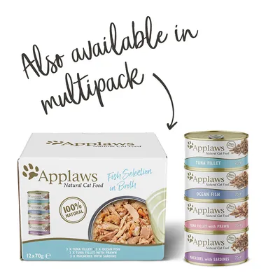 Applaws Natural Cat Food Fish Selection in Broth, 12×70g, 100% natural. Čtyři druhy konzerv: Tuna Fillet, Ocean Fish, Tuna Fillet with Prawn, Mackerel with Sardines. Také jako multipack.