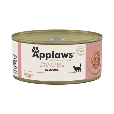 Applaws Natural Cat Food, tonnikalafilee lohella liemessä, 156 g tölkki. Sertifioitu B Corporation, 100 % luonnolliset ainesosat.
