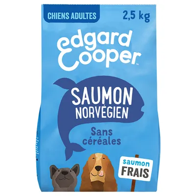 Edgard Cooper hondenvoer, 2,5 kg. Tekst op verpakking: 'Saumon Norvégien', 'Sans céréales', 'saumon frais'. Voor volwassen honden. Franse tekst zichtbaar.