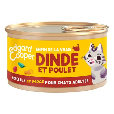 Blik Edgard Cooper kattenvoer, tekst: 'Enfin de la vraie dinde et poulet, morceaux en sauce pour chats adultes'. Illustratie van kat op het etiket.