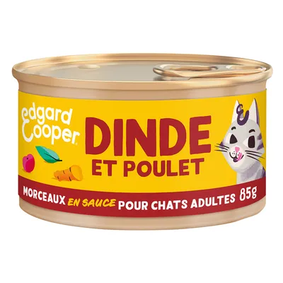 Edgard Cooper Dinde et Poulet, morceaux en sauce pour chats adultes, 85g. Tekst op het blik in het Frans.