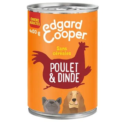 Edgard Cooper natvoer voor volwassen honden, 400g, graanvrij, met kip en kalkoen. Oranje blik met hondafbeeldingen.
