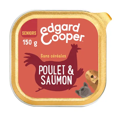 Edgard Cooper Seniors 150 g, sans céréales, poulet & saumon. Illustration de poule et têtes de chiens sur l’emballage.