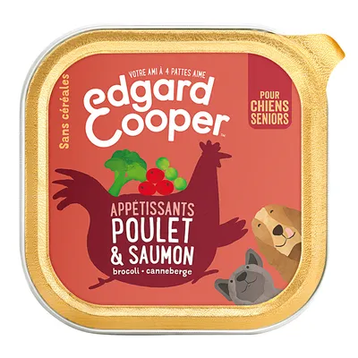 Edgard Cooper, appétissants poulet & saumon, brocoli canneberge, sans céréales, pour chiens seniors. Texte visible : votre ami à 4 pattes aime.