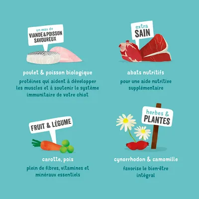 Texte visible : un max de viande & poisson savoureux, poulet & poisson biologique, abats nutritifs, fruit & légume, carotte, pois, herbes & plantes, cynorrhodon & camomille, extra sain.