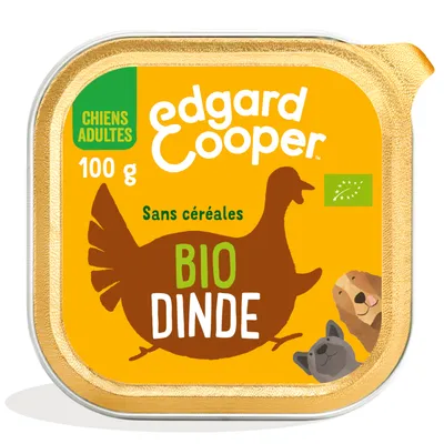 edgard & cooper BIO DINDE, 100 g, chiens adultes, sans céréales, label bio européen visible sur l’emballage