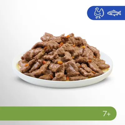 Mokra karma w sosie na białym talerzu, widoczne kawałki mięsa i warzyw. Ikony indyka i ryby oraz oznaczenie wiekowe 7+ w zielonym polu.