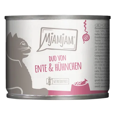 MjAMjAM Duo von Ente & Hühnchen, getreidefrei. Abbildung einer Katze und Futterschale auf der Dose.