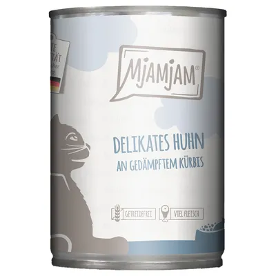 Mjamjam Delikates kyckling med ångad pumpa. Spannmålsfri, mycket kött. Siluett av en katt på burken.