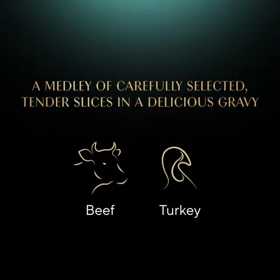 A medley of carefully selected, tender slices in a delicious gravy. Beef and turkey are shown as main ingredients.