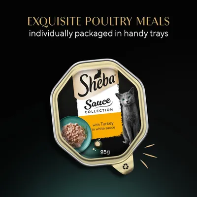 Exquisite poultry meals, individually packaged in handy trays. Sheba Sauce Collection with turkey in white sauce, 85g tray shown.
