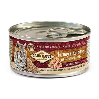 Консерва Carnilove Turkey & Reindeer White Muscle Meat за котки, без зърнени и картофи. Видимо: снимка на котка, текст на английски за състав и предназначение за възрастни котки.