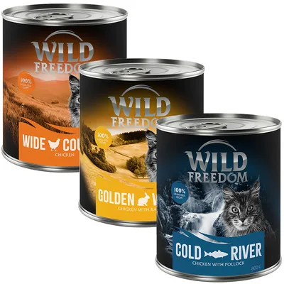 Wild Freedom консервирана храна за котки, видове: Wide Country Chicken, Golden Valley Chicken с заек, Cold River Chicken с поллок, 100% беззърнена рецепта.