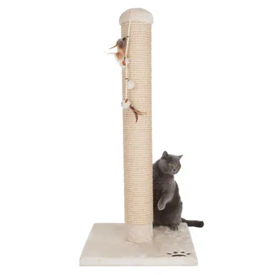 Kradsetræ med høj sisalstamme på firkantet bund, hængende legetøj med fjer og bolde, grå kat ved siden af. Poteaftryk synligt på bunden.