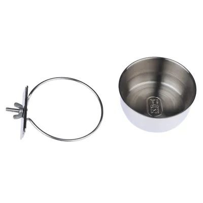 Gamelle en acier inoxydable avec support et vis de fixation, adaptée aux cages ou enclos. Forme ronde, matériau robuste.