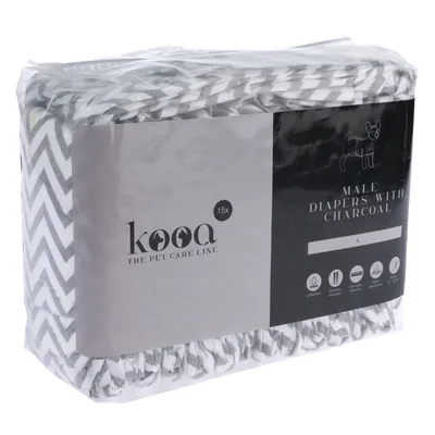 kooa Male Diapers with Charcoal, size L, pack of 15. Features: leak-proof, activated charcoal, single use, highly absorbent, for hip circumference 57-72 cm.