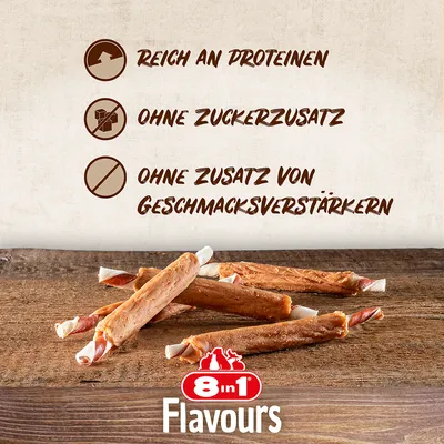 8in1 Flavours Hundesnacks, reich an Proteinen, ohne Zuckerzusatz, ohne Zusatz von Geschmacksverstärkern.