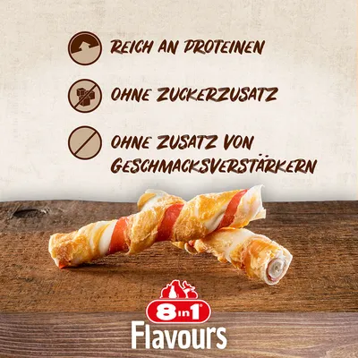 8in1 Flavours. Reich an Proteinen, ohne Zuckerzusatz, ohne Zusatz von Geschmacksverstärkern.
