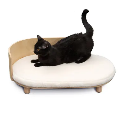 Schwarze Katze auf einem ovalen Holzbett mit weisser, gepolsterter Liegefläche und erhöhtem Rückenteil.