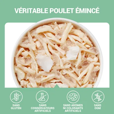 VÉRITABLE POULET ÉMINCÉ. Sans gluten, sans conservateurs artificiels, sans arômes ni colorants artificiels, sans OGM. Bol de poulet émincé visible.