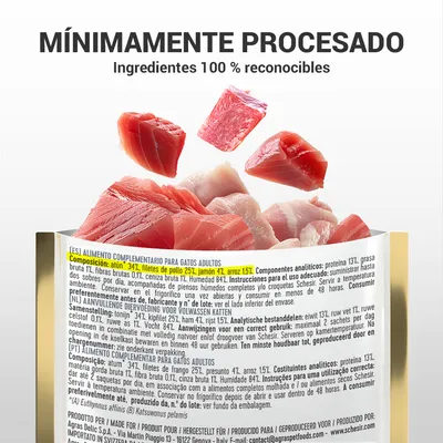 Texto: MÍNIMAMENTE PROCESADO. Ingredientes 100 % reconocibles. Composición destacada: atún 34 %, filetes de pollo 25 %, jamón 4 %, arroz 1,5 %. Alimento complementario para gatos adultos.