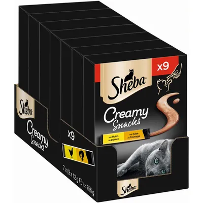 Sheba Creamy Snacks, 9 kpl pakkaus. Pakkauksessa näkyy kana- ja juustomaku, kuva kissasta sekä teksti 7 x (9 x 12 g) = 756 g.
