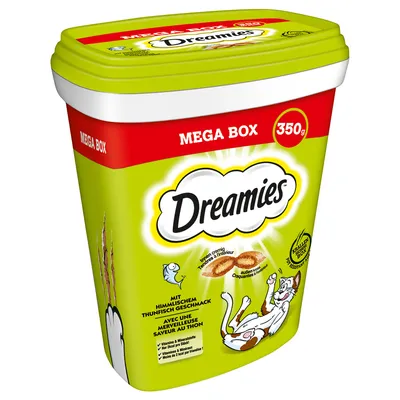 Boîte Dreamies MEGA BOX 350 g, friandises pour chats saveur au thon, texte visible : 'Avec une merveilleuse saveur au thon', illustration de chat et croquettes montrées en coupe.